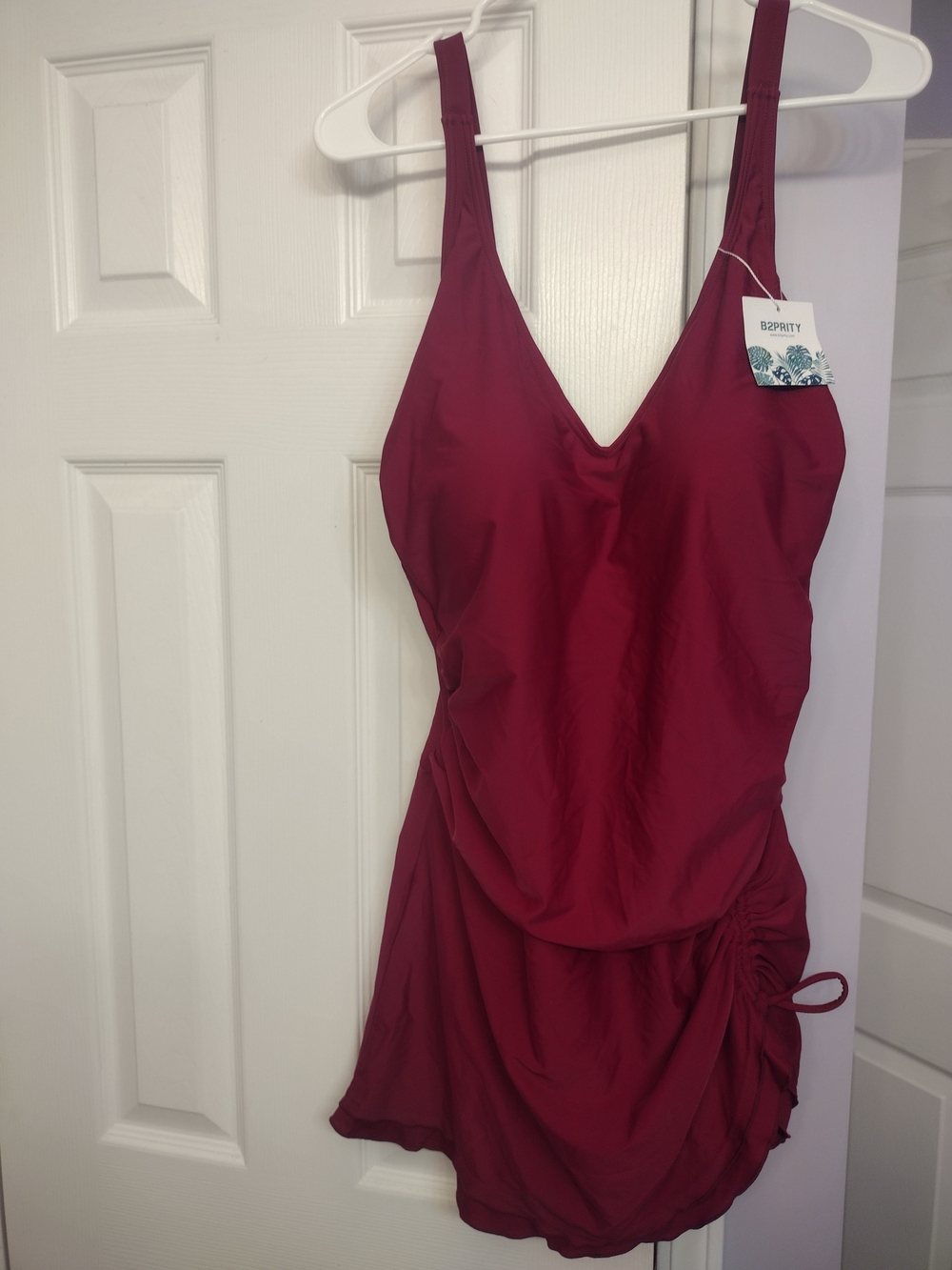 B|D|N Burgundy V-Neck Swimdress with Side Ruching